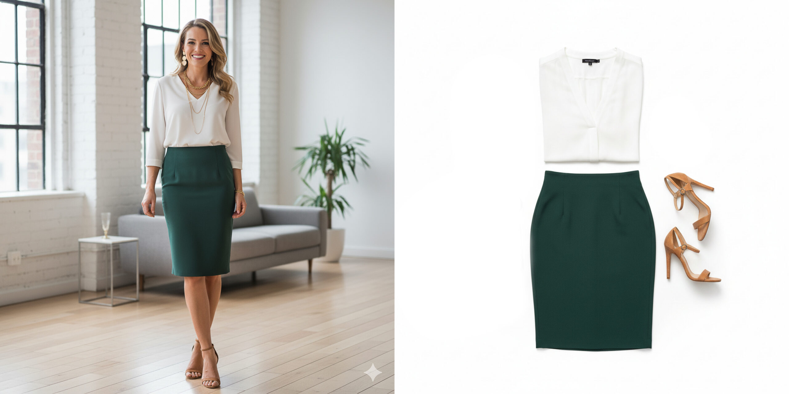 Biała bluzka + butelkowa zieleń