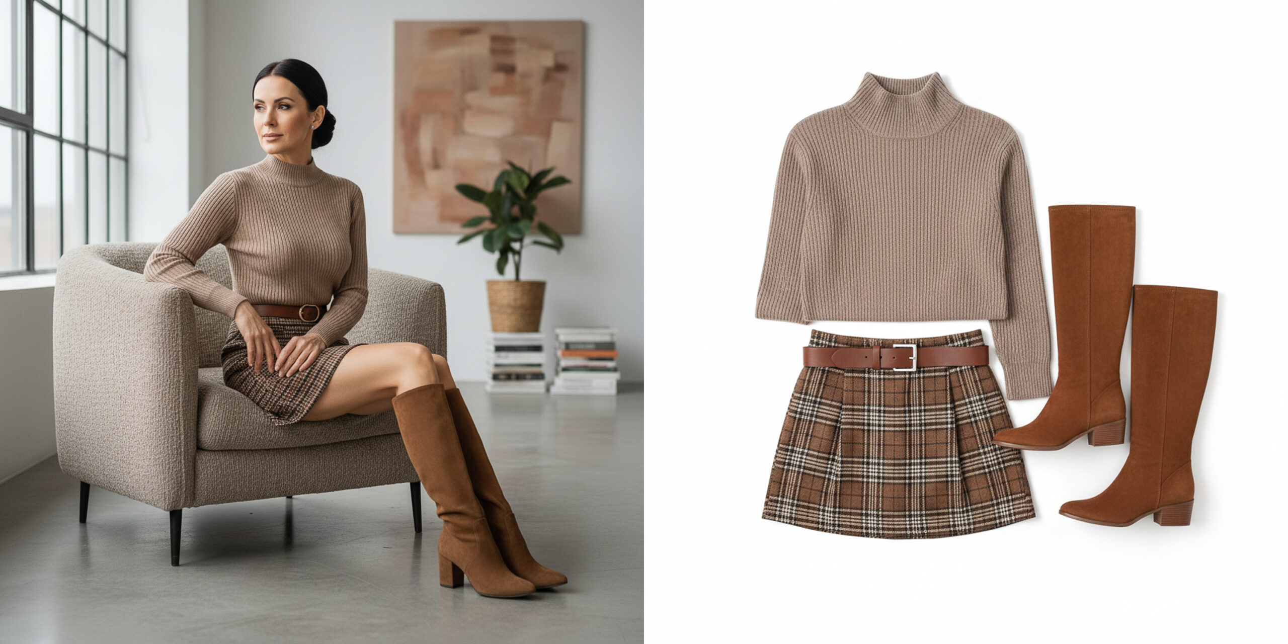 Beżowy golf, spódnica w kratę