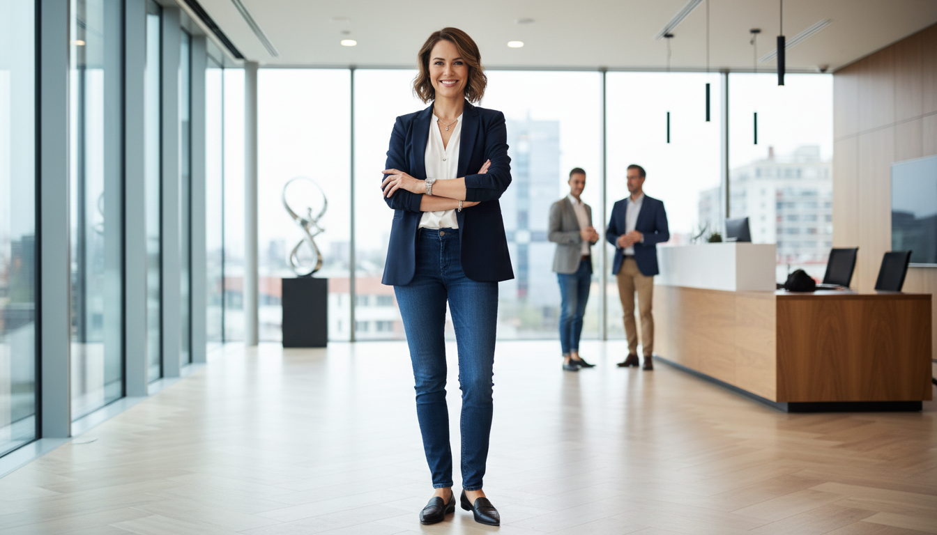 kobieta w biurze w jeansach